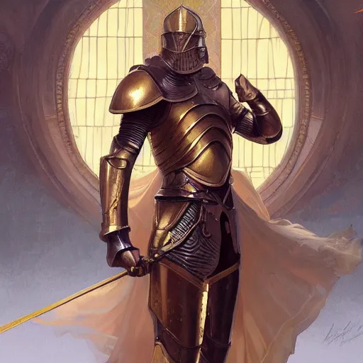 Prompt: a knight wearing a golden armor, full-body shot, digital painting, smooth, elegant, hd, art by WLOP and Artgerm and Greg Rutkowski and Alphonse Mucha