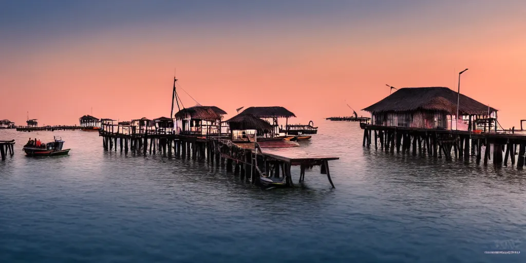 Prompt: pulau indah jetty fishing town in the morning, detailed matte painting, telephoto lens, bokeh, studio ghibli, artstation