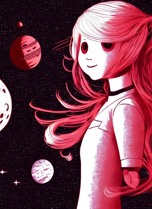 Prompt: highly detailed portrait of a hopeful pretty astronaut lady with a wavy blonde hair, by George Herriman, 4k resolution, nier:automata inspired, bravely default inspired, vibrant but dreary but upflifting red, black and white color scheme!!! ((Space nebula background))