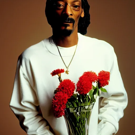 Prompt: Snoop Dogg holding a Vase of flowers for a 1990s sitcom tv show, cinematic lighting, Studio Photograph, portrait, C 12.0