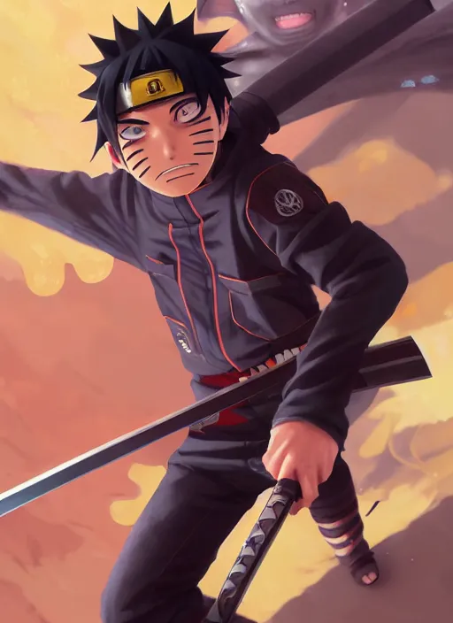 Image similar to highly detailed katana wielding naruto uzumaki with black hair, fighting with polish policeman art by greg rutkowski, loish, rhads, ferdinand knab, makoto shinkai and lois van baarle, ilya kuvshinov, rossdraws, tom bagshaw, global illumination, radiant light, detailed and intricate environment