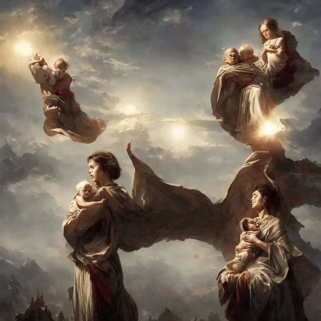 Image similar to a sending down [ of the revelation ] from him who created the earth and the lofty heavens, overdetailed art, mother holding his baby, by greg rutkowski, sharp focus