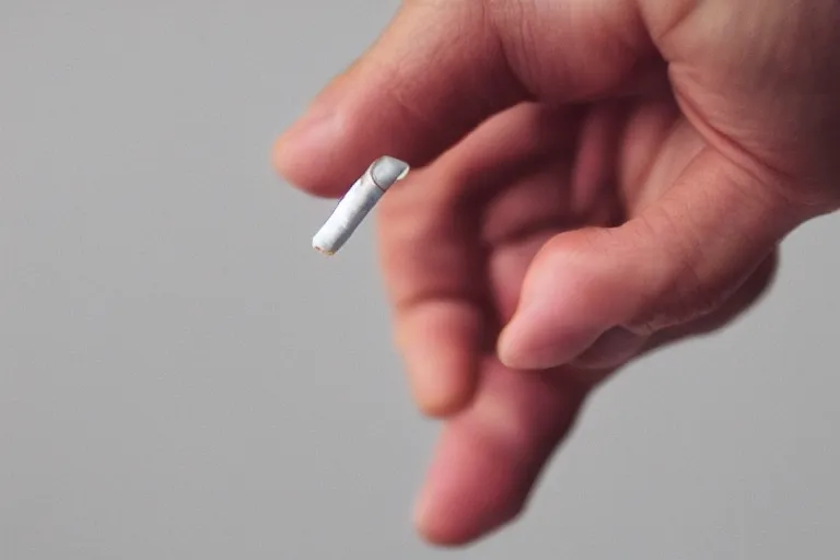 Image similar to cigarette in five fingers, thin soft hand holding cigarette, hyper realistic, natural