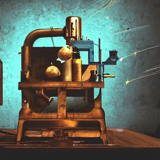 Image similar to I will fix such a machine, that from one end you can put a potato, and from the other end you will get gold. You will get so much money you will have no idea what to do with it, digital art, beautiful, award winning, great composition, amazing lighting