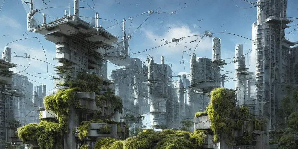 Prompt: concrete architecture with many metal antennas with moss and ivy growing all over the concrete, futuristic, late afternoon light, wispy clouds in a blue sky, by frank lloyd wright and greg rutkowski and ruan jia