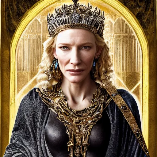 Prompt: Portrait cate blanchett ancient biblical, sultry, sneering, evil, pagan, wicked, queen jezebel, wearing gilded ribes, highly detailed, masterpiece 8K digital illustration