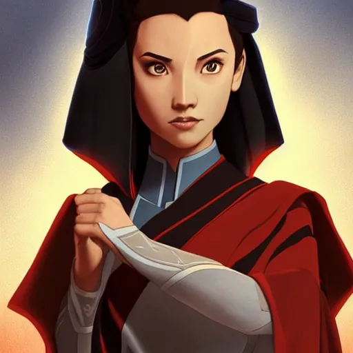 Image similar to Portrait of Azula wearing Jedi robes, Legend of Korra, Avatar the Last Airbender, Star Wars, intricate, elegant, highly detailed, digital painting, artstation, concept art, smooth, sharp focus, illustration, art by artgerm and greg rutkowski and alphonse mucha and andrei riabovitchev