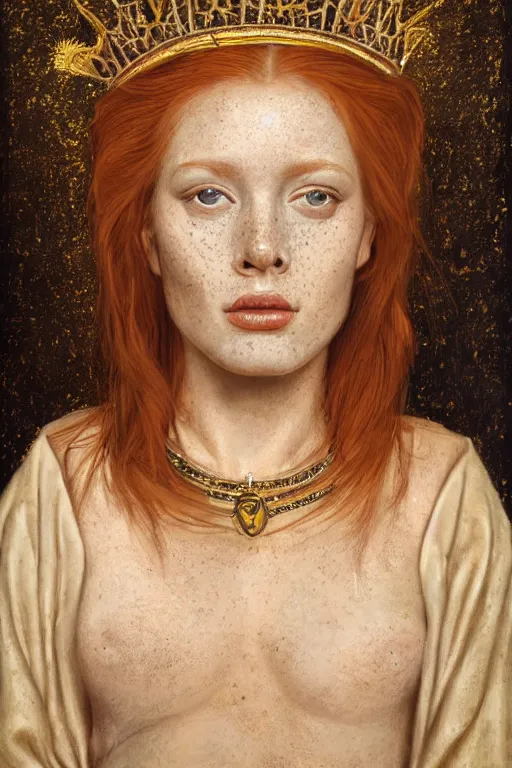 Prompt: hyperrealism close-up portrait of beautiful medieval ginger queen with freckles, tiara, neutral look, face fully cover in golden paint, wearing dark silk, in style of classicism