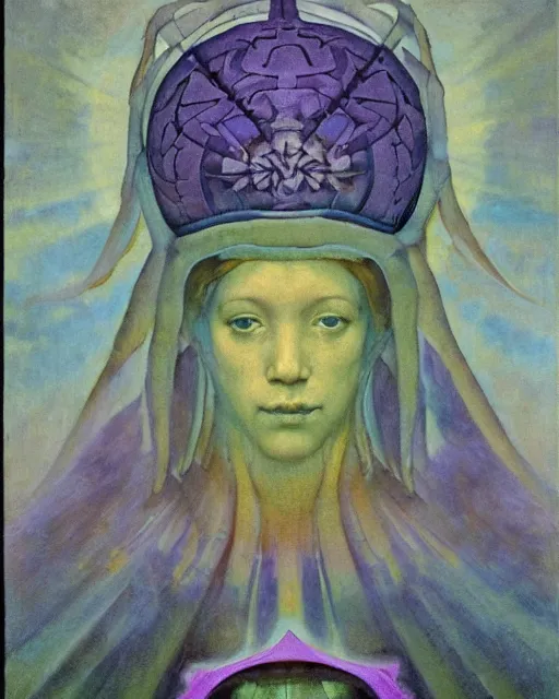 Image similar to the crown of mist and clouds, by Annie Swynnerton and Nicholas Roerich and Diego Rivera, bioluminescent skin, elaborate costume, geometric ornament, symbolist, cool colors like blue and green and violet, smooth, sharp focus, extremely detailed