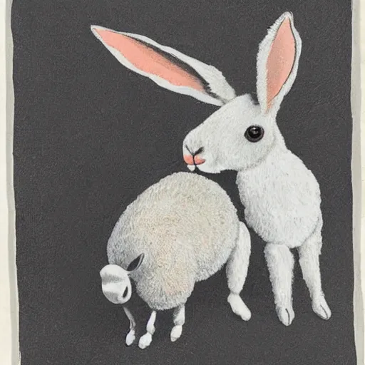 Image similar to a rabbit lovingly kissing an alpaca's cheek in the style of gifford beal