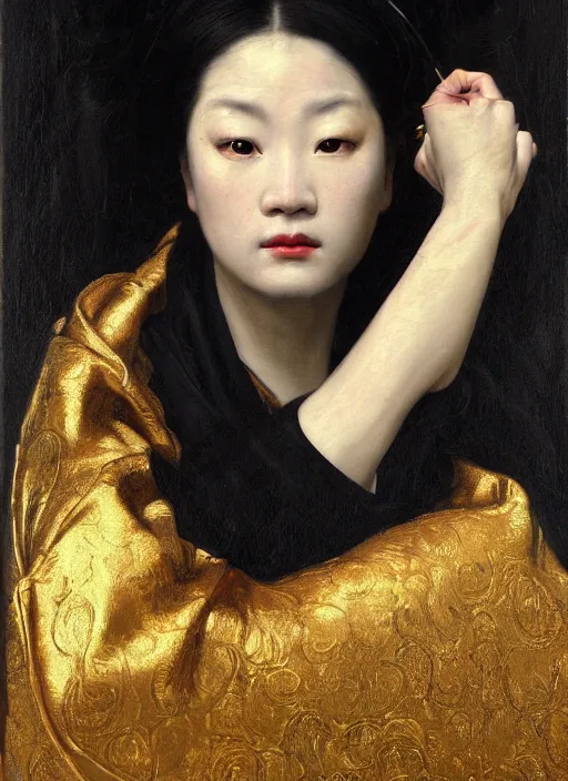 Prompt: highly detailed oil painting | very intricate | cinematic lighting | black, white and gold color scheme, dark background | asian woman in kimono | by roberto ferri, by gustav moreau, by singer sargent and klimt, american romanticism, occult art | by austin osman spare, artstation, cgsociety, official art, octane