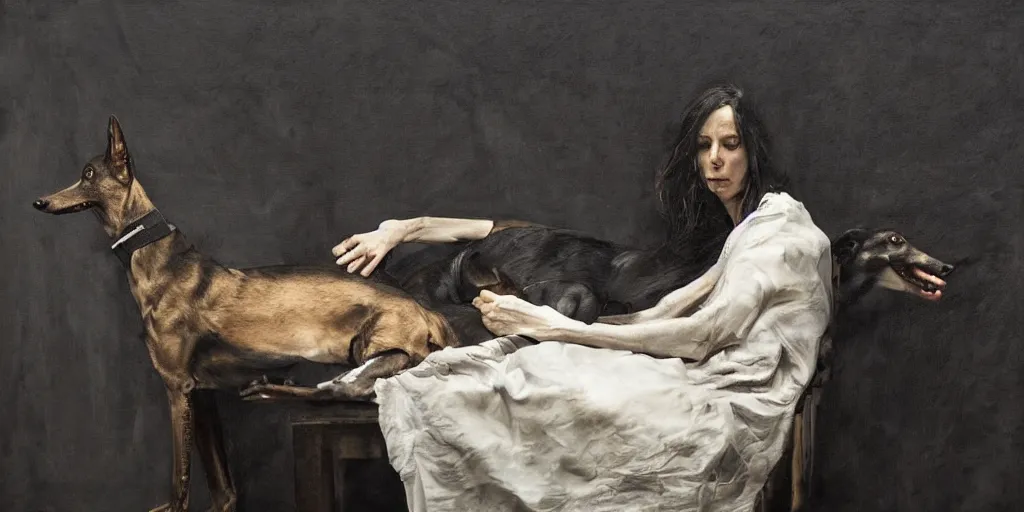 Image similar to a woman sitting with a black greyhound, flowers, dark atmosphere. by nicola samori and jenny saville