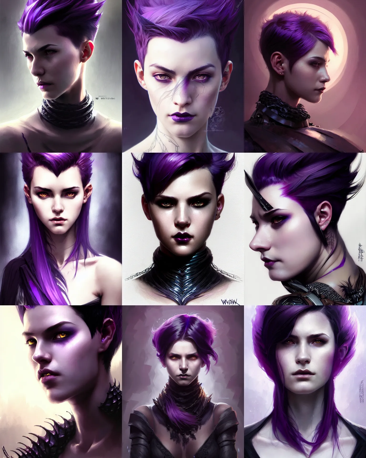 Prompt: portrait rugged girl, dark supervillain, dragon scales, fantasy magic, undercut hairstyle, short purple black fade hair, dark light night, intricate, elegant, sharp focus, illustration, highly detailed, digital painting, concept art, matte, art by WLOP and Artgerm and Greg Rutkowski and Alphonse Mucha, masterpiece