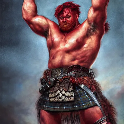 Image similar to bulky muscular scottish warrior with red hair and a kilt, tribal blood red war paintings on his chest, bronze plate armor, 4 k oil on linen by wlop, artgerm, andrei riabovitchev, nuri iyem, james gurney, james jean, greg rutkowski, highly detailed, soft lighting 8 k resolution