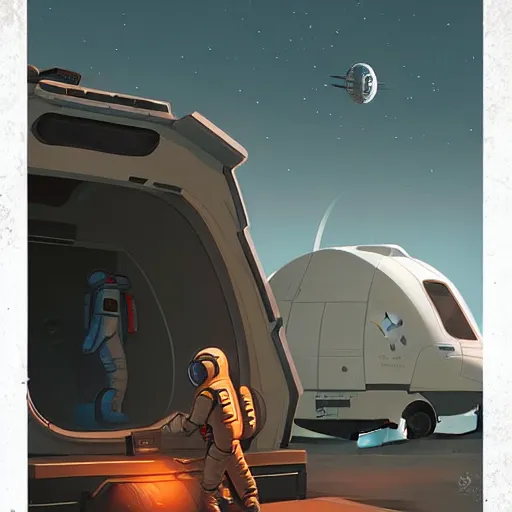 Image similar to ilustration astronaut unloading the spaceship before camping, characterized by roman shipunov, etienne hebinger, atey ghailan, cgsociety, cynical realism, fantasy art, 2 d game art