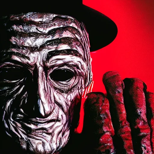 Prompt: close up of Freddy Krueger's face, holding his hand with blades in front of his face, dramatic low-key red lighting, black background, editorial photo from movie magazine,