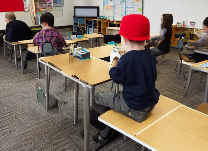 Prompt: wolf sitting down in classroom playing nintendo 3 ds, real life photograph, wide shot, 4 k, cinematic, vibrant lighting