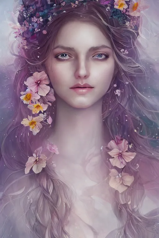Prompt: a portrait of a beautiful elvish goddess with flowers in her hairs , hd, 4k, 8k, highly detailed, sharp, ethereal, astral environment in style of Anna Dittmann
