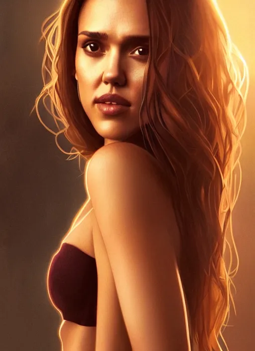 Image similar to half Jessica Alba half Nathalie Portman half scarlett johansonna pure seductive angel, full body portrait, slight smile, diffuse natural sun lights, autumn lights, highly detailed, digital painting, artstation, concept art, sharp focus, illustration, art by wlop and greg rutkowski and alphonse mucha and artgerm
