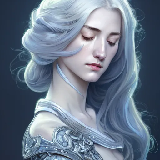 Prompt: closed eyes, aristocrat, white grey blue color palette, female, d & d, fantasy, intricate, elegant, highly detailed, long silver hair, digital painting, artstation, octane render, concept art, matte, sharp focus, illustration, hearthstone, art by artgerm, alphonse mucha johannes voss