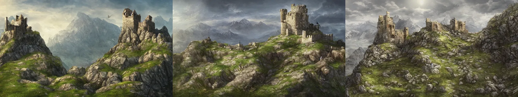 Prompt: early medieval castle on the top of a rough, steep mountain with great view on other mountains, epic, no trees, no foliage, realistic light, epic, fantasy, digital art