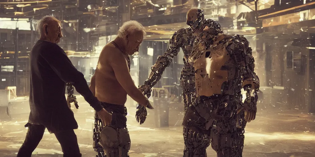 Image similar to cyberpunk buff old man fighting Deadcode humanoid robot Emmanuel Lubezki