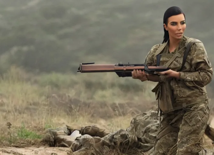 Image similar to a film still of kim kardashian as a soldier firing a rifle over a trench, open neckline. backround : warzone