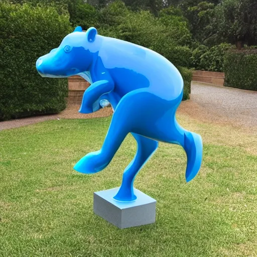 Prompt: a sophie taeuber - arp baby hippopotamus sculpture, by jeff koons, wood, blue epoxy translucent, cubic carved mix