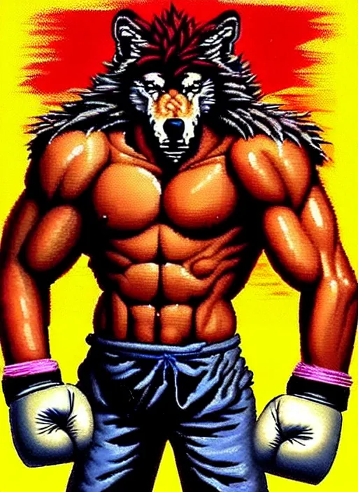 Image similar to extreme long shot. 8 bit nes graphics. antropomorphic muscular masculine wolf. kickboxer fighter, in shorts. wolf head. fine details, very sharp, art from nes game cartridge, 8 0's, vhs artefacts, vaporwave style, marc simonetti and hermann nitsch. streetfighter, kung fury movie