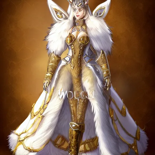 Image similar to commissioned full body portrait of a female anthro furry wolf princess fursona with a feminine wolf head with white hair wearing a white and gold armored dress in a white and gold palace, by Wlop and jerry park, artstation, extremely detailed