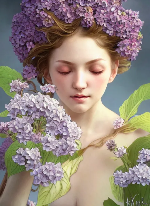 Image similar to realistic photographic perfect portrait of a anthropomorphic hydrangea blossom, fantasy, wind blowing hair, intricate, elegant, highly detailed, digital painting, artstation, concept art, smooth, super sharp focus, illustration, art by artgerm and h r giger and alphonse mucha