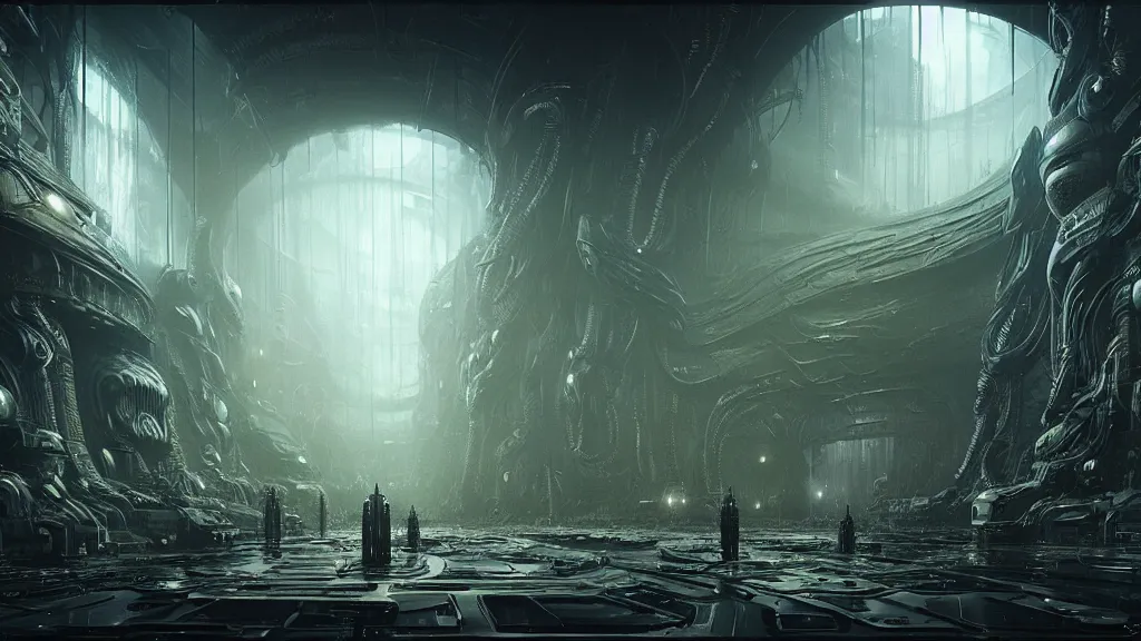 Image similar to Sci-fi environment set in a nightmarish universe of odd forms and somber tapestry, HR Giger, Wadim Kashin, in Peter Elson color scheme, featured in artstation, octane render, cinematic, elegant, intricate, 8k