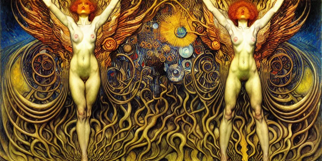 Image similar to Divine Chaos Engine by Karol Bak, Jean Delville, William Blake, Gustav Klimt, and Vincent Van Gogh, symbolist, visionary