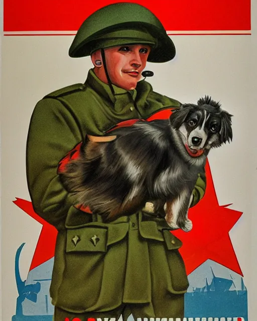 Image similar to soviet propaganda poster of an australian shepherd soldier, soviet art