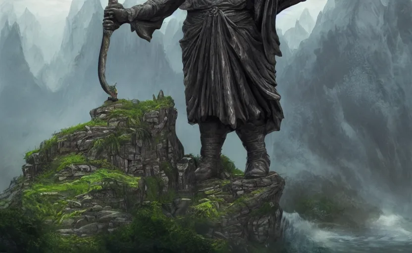 Prompt: A large statue of a wizard guarding a river valley, landscape art, concept art, intense, fantasy, inspiring