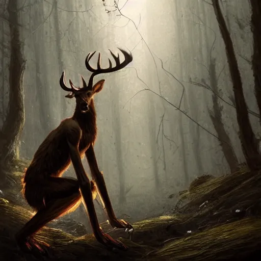 Prompt: anthropomorphic humanoid crouching deer monster in a dark moonlit forest, horror, highly detailed, crouching humanoid, human-like, whole body, by Greg Rutkowski, trending on artstation, 4k