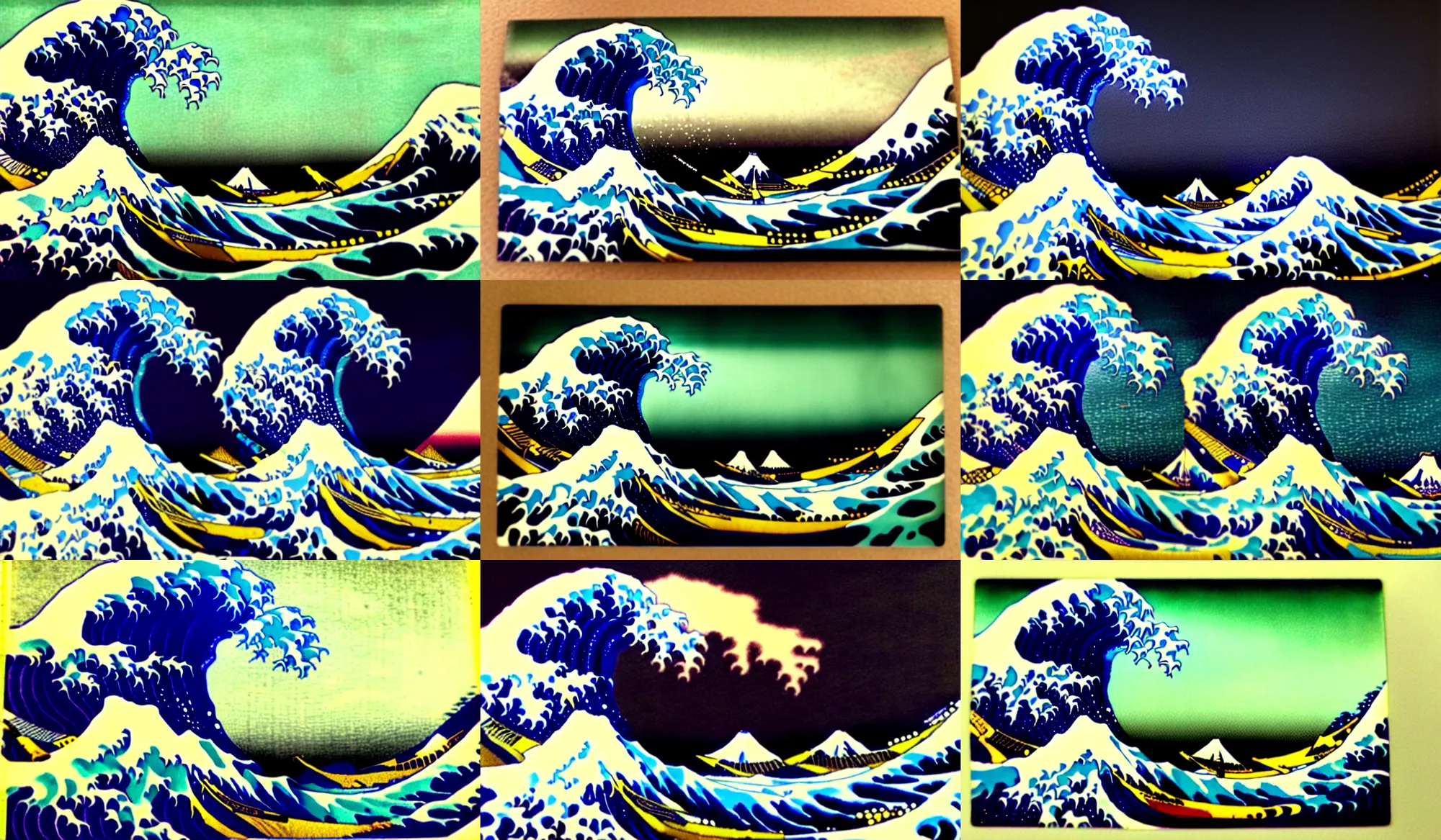 Prompt: a cyberpunk great wave off kanagawa coming towards you, creepy, eerie, unsettling, terrifying, jagged rocks, dark, grainy, noisy, slightly blurry, polaroid, deep!!!!!, dark!!!