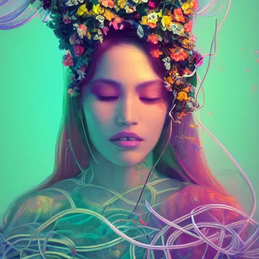 Prompt: colourful vfx art - portrait of arab woman wrapped in flowers & vines, art by hsiao - ron cheng & james jean - presented as magazine collage, volumetric light, colourful, sharp, detailed, digital painting, illustration, illustration, highly detailed, intricate detail, unreal engine, octae render, pinterest, behance, art station,