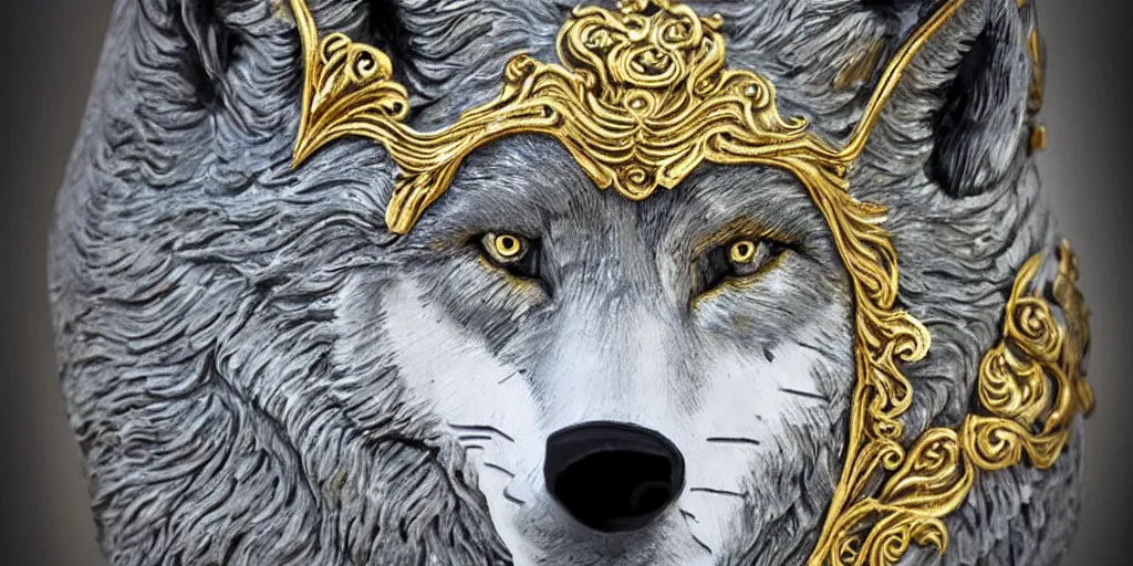 Image similar to gorgeous wolf statue portrait with gold filigree