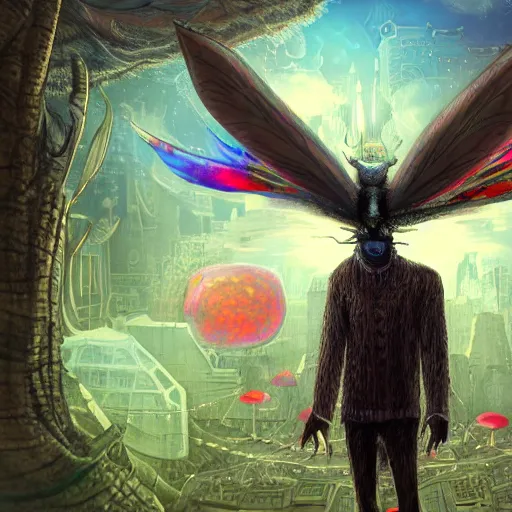 Image similar to 8K centered headshot Portrait of a psychedelic godlike mothman posing with a cigar with giant mandala wings smoking a hand-rolled cigarette smoking heavily , magic mushroom village in background , post-processing , award winning. superb resolution. in the art style of Satoshi Kon and Greg Rutkowski . Detailed Mushroom city in background. Hyper realistic anime. Perfect art. Dalle2