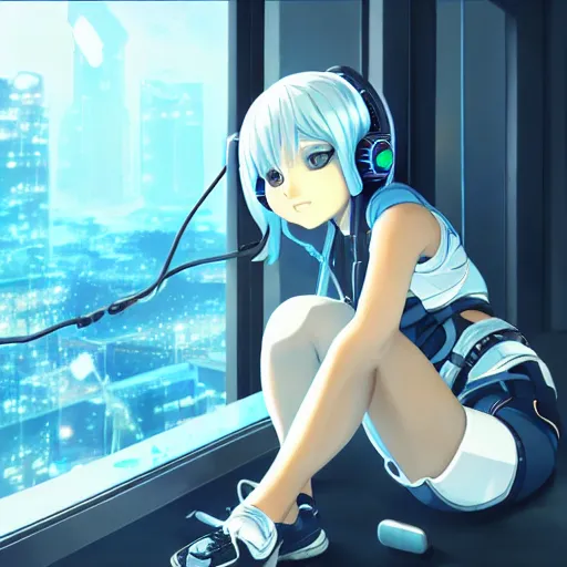 Image similar to cyborg - girl with silver hair, wearing headphones, and sitting on a window sill, highly detailed, painting, dark blue and black color palette, intricate, high quality anime artstyle, in the style of makoto shinkai