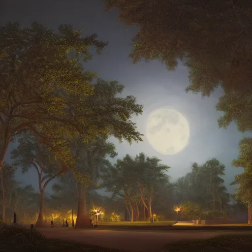 Image similar to matte painting of a park in yucatan mexico at night with a full moon, large ceiba trees, by asher brown durand and greg rutkowski, featured on artstation, blue and orange color scheme