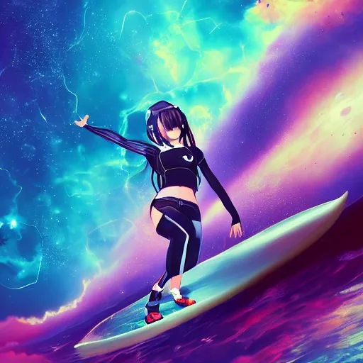 Prompt: anime girl surfing through james webb deep space images by artem chebokha, digital art, cosmic, contrast, saturation, vibrant, 3 d high definition, trending on artstation, photorealistic, high resolution, vray, 8 k, hdr, elite, ornate, elegant, luxury