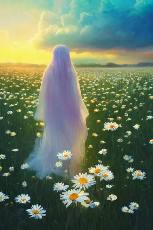 Prompt: giant white daisy flower on head, veiled girl walking in a flower field, surreal photography, sunrise, dramatic light, impressionist painting, colorful clouds, digital painting, artstation, simon stalenhag