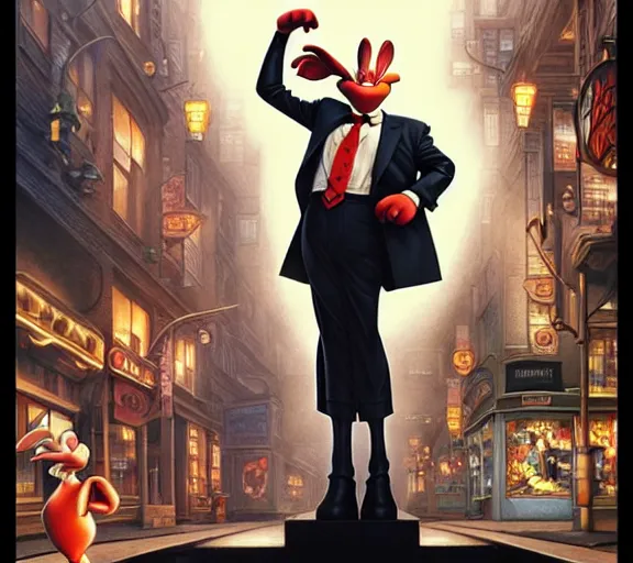 Image similar to ' who framed roger rabbit ', beautiful shadowing, 3 d shadowing, reflective surfaces, illustrated completely, 8 k beautifully detailed pencil illustration, extremely hyper - detailed pencil illustration, intricate, epic composition, masterpiece, bold complimentary colors. stunning masterfully illustrated by artgerm, range murata, alphonse mucha.