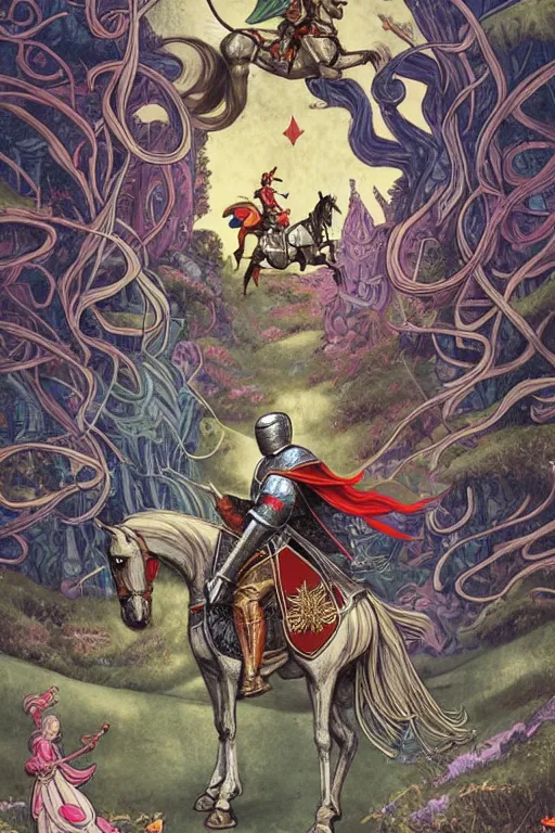 Image similar to medieval knight riding a horse in a magic kingdom pointing into the sky, shiny armor, colorful forest with flying faires, wizards and magic mushrooms in the background, illustrated by james jean, very detailed, comicbook cover