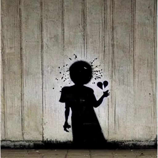 Prompt: exploding heart in several pieces, sadness, dark ambiance, by Banksy