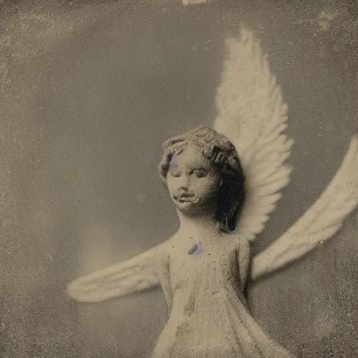 Image similar to closeup wet plate photograph of an angel dancing on the head of a pin, daguerreotype, collodion photography, studio lights, eye catching, exaggerated texture