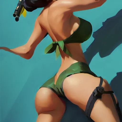 Prompt: pinup overwatch tracer in a green bikini thong, artwork by greg manchess, medium shot, asymmetrical, organic painting, sunny day, matte painting, bold shapes, hard edges, street art, trending on artstation, by huang guangjian and gil elvgren and sachin teng