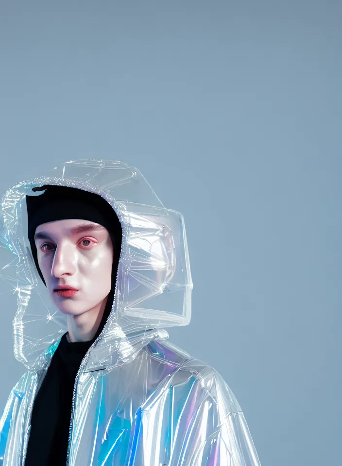 Image similar to an ultra high definition professional studio quality photograph of an artificially intelligent android influencer with silver skin wearing a transparent iridescent pastel coloured visor and matching wavey raincoat on white hook in a sheer icelandic black rock environment. three point light. dramatic lighting. volumetric shadows. light rays